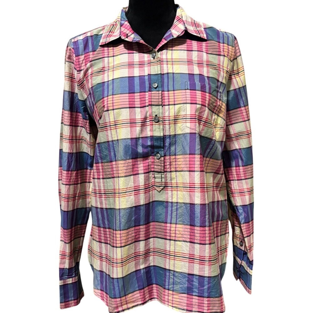 J.Crew Plaid Popover Shirt Womens Small Multi Color Cotton Silk Classic
